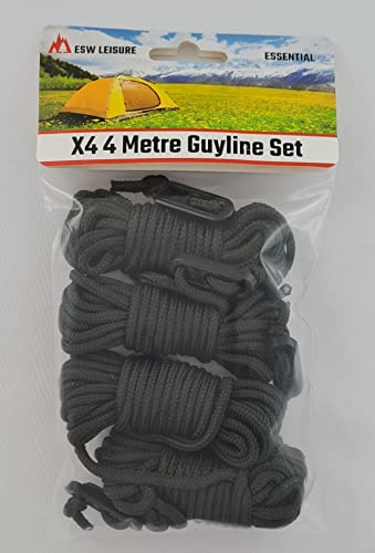 ESW LEISURE Guyline Ropes 4 Pack For Tents Awning Camping Strong Lightweight Paracord Guy Rope With Tensioner Guy Lines Fishing Umbrella Bivvy Caravan Gazebo Tarp (Olive Green, 4 Metre XL 4 Pack)