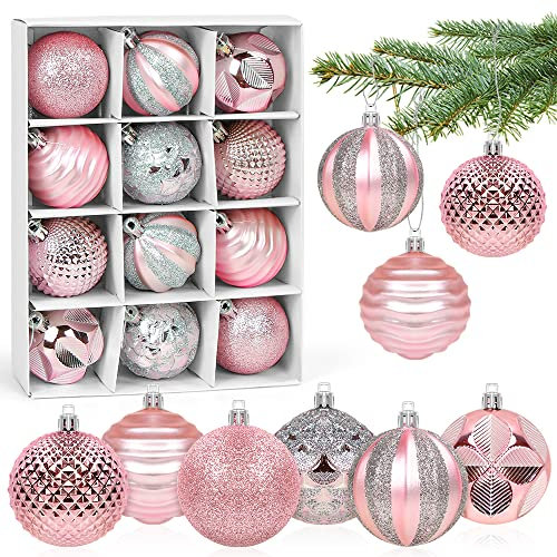 Weihnachtskugeln Rosa, Christbaumkugeln Kunststoff 6cm, Rosa Weihnachtsbaumkugeln Groß, 12 Stücke Weihnachtsbaum Kugeln Set