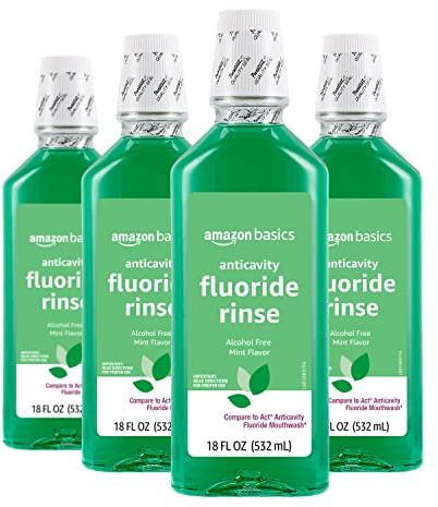 Amazon Basics Anticavity Fluoride Rinse, Alcohol-Free, Mint Flavor, Sugar-Free, 18 ounce (Pack of 4)