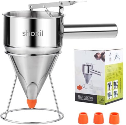 shoxil 40oz Stainless Steel Pancake Batter Dispenser, Multi-caliber Funnel Cake Dispenser with Stand Great for Pancakes, Cupcakes or Any Baked Goods (40oz/1.2L)