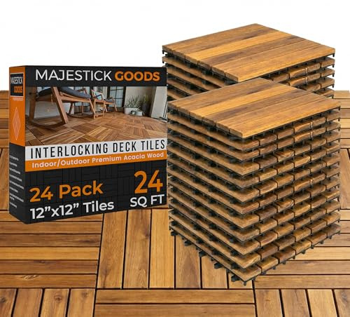 Majestick Goods Interlocking Long Slat Deck Tiles 12x12– Stylish Patio Tiles for Outdoor Flooring, Durable Acacia Wood, Easy to Install for Porch, Balcony & Patio Flooring, 24 Pack (24pcs) 24 Sq Ft