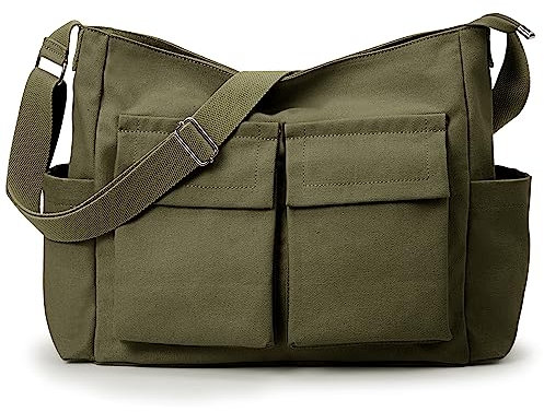 KALIDI Canvas Messenger Bag Große Schultertasche Hobo Crossbody Tasche für Damen und Herren, Grün (Army Green)