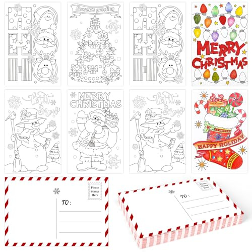 Whaline Paquete de 48 postales de Navidad en blanco para colorear, 6 diseños para colorear tarjetas de felicitación de Feliz Navidad, colorea tu propia carta a Papá Noel, lista de deseos para escribir