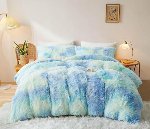 Sacebeleu Winter Bettwäsche 135x200cm Plüsch Langhaar Flauschig Flanell Biber Bettbezug Blau Winterbettwäsche Warme Bettbezug und 1 Kissenbezug 80x80cm mit Reißverschluss