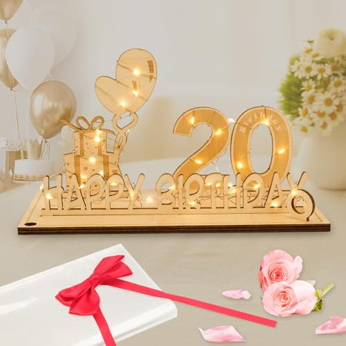 Seutgjie Carte Anniversaire 20 Ans, Décoration d’Anniversaire 20 Cadeau Homme Femme avec Chaîne Lumineuse LED & Nœud Papillon & Papier Cadeaux, Bois Cadeau Décoration de Table Livre d'or