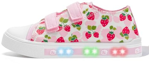 Girls Light Up Trainers Kids Canvas Shoes Toddler Outdoor Indoor School Shoes with Hook and Loops Strawberry Size 10 UK Child