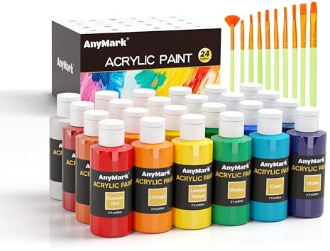 AnyMark Set de Pintura Acrílica, 24 Colores Clásicos con 10 Pinceles, Botellas de 60 ml, Kit de Arte para Lienzo, Piedra y Madera