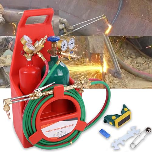 OSKOPWRC Acetylene Torch Kit, Oxyacetylene Torch Kit, Ortable Welding Cutting Torch Kit with Tank, Long Pipe, Brass Nozzle, Gauge, 4L Oxygen & 2L Acetylene Tank for Iron or Steel Red