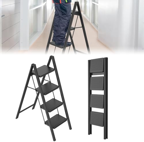 UISEBRT Scala pieghevole a 4 gradini, scala a pavimento, antiscivolo, portata fino a 250 kg, pieghevole, per casa, cucina, ufficio, colore nero