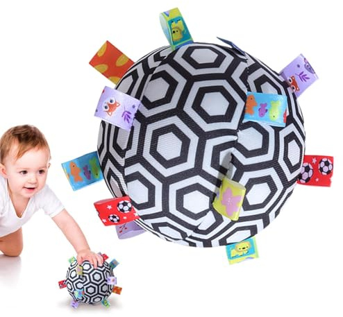 Bola sensorial de felpa,Pelota sonajero de felpa | Bola interactiva de desarrollo sensorial con sonajero - Juguete educativo temprano de colores de alto contraste con etiquetas, juguete de habilidad m