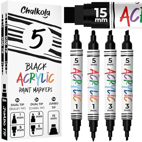 Chalkola 5 Acrylic Black Paint Pen - Dual Tip Fine & Jumbo Size Ink Pens (1mm, 3mm, 5mm,15mm) | Permanent Black Paint Marker for Posters, Wood, Metal, Rocks, Fabric, Canvas, Glass, Plastic, Cabinets