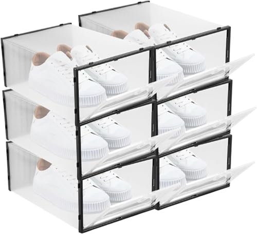 Clear Stackable Shoe Storage Boxes – 6-Pack Plastic Shoe Organizers with Lids & Ventilation, Space-Saving Shoe Boxes for Closet, Wardrobe, Under Bed(6pcs Clear box in black, 33 * 23 * 14cm)