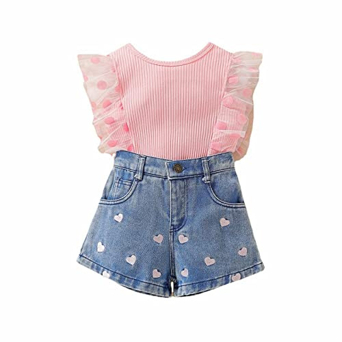 Chándal para niña, ropa deportiva, chándal, traje deportivo para niños, ropa de verano para niñas, estilo extranjero, malla de encaje, pantalones cortos de mezclilla bordados, Rosa., 3-4 años