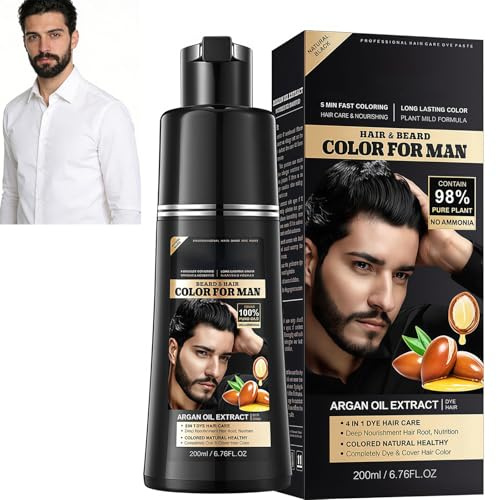 Negro Tinte Pelo Hombre,3 en 1 Champú Tinte Negro para Hombre con Aceite de Argán,Champú Anticanas Suave para Barba y Cabello