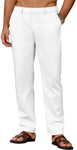 COOFANDY Pantaloni Uomo Lino Pantaloni di Lino Uomo Leggeri Estate Traspiranti Casual da Spiaggia Vacanza Calzoni Larghi con Elastico Coulisse Bianco M