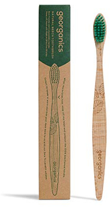 Georganics Adult Medium Beechwood Toothbrush - Eco-Friendly Wooden Toothbrush for Adults - Compostable and Biodegradable - Natural Beechwood Handle - Vegan BPA-Free Nylon Charcoal Bristles - Medium
