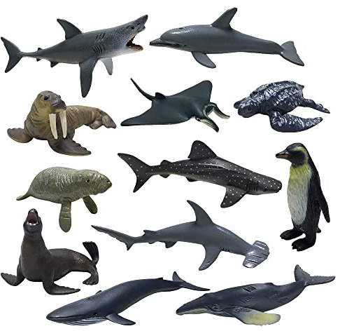 JOLLY SWEETS Sea Ocean Animals Pool Toys Bath Toys 12 Pack Set, Realistic Plastic Marine Figures Toy, Sea Life Creature, Rubber Ocean Creatures Figures Collection, Dolphin, White Shark, 2-4 inches.