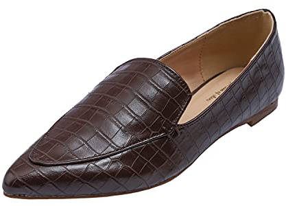 Feversole Women's Pointed Pumps, de Mujer I Flats Pisos de Mujer I Pisos Puntiagudos I Zapatos sin Cordones Bailarinas Cocodrilo Marrón 36 EU