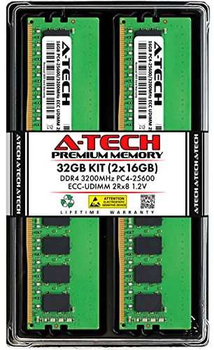 A-Tech Server 32GB Kit (2x16GB) DDR4 3200MHz PC4-25600 ECC UDIMM 2Rx8 Dual Rank 1.2V ECC Unbuffered DIMM 288-Pin Server & Workstation RAM Memory Upgrade Modules (A-Tech Enterprise Series)