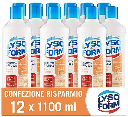Lysoform Pavimenti Superfici Delicate, Detersivo Pavimenti, Adatto a Pavimenti in Legno e Parquet, Aiuta a Rimuovere gli Allergeni, Lieviti e Muffe, con Fragranza Biodegradabile, 12 Pezzi da 1100 ml