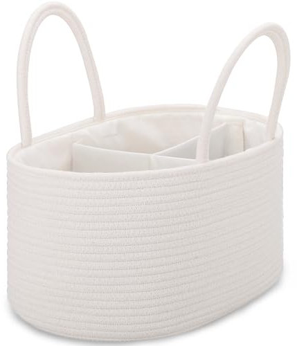 COMSE Large Nappy Caddy Organizer for Girl Boy, Baby Car Diaper Caddy with Handles, Cotton Rope Diaper Basket, Baby Shower Gifts Newborn Essentials Registry Must Have, White