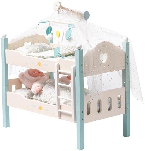 ROBOTIME Wooden Doll Bunk Bed, Dolls Cots Convertible Bed with Ladder and Bedding, for 18 inch Stackable Dolls Crib, Perfect Doll Accessories, Gift for Children, Blue