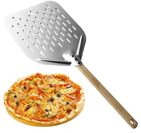 Yianyal Metallpizzapadda, pizzaspatel - pizzaspatel med trähandtag, 12 skalspatel, pizzaspatel i aluminiumlegering, perforerad pizzapelett för restauranger i