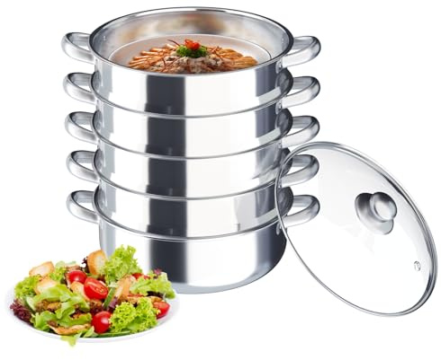 BAOCHADA Hervidor de vapor Mantowarka de 5 capas para inducción, de acero inoxidable, olla de cocción lenta con tapa de cristal, olla de cocción para todo tipo de fuegos (30 cm)