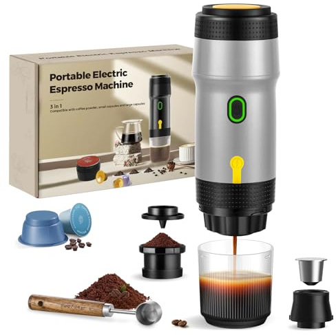 ICARE 3-in-1 Tragbare Espressomaschine, Camping Kaffeemaschine mit 20BAR Druck, 92°C Heißextraktion, 7500mAh, USB/Auto-Ladung, Reisekaffeemaschine Kompatibel mit Kapseln und Kaffeepulver, Silber