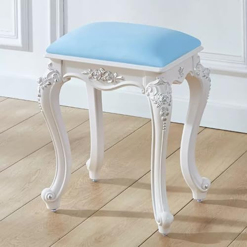 Taburete de tocador barroco, silla de maquillaje acolchada con patas talladas en ABS, asiento cosmético retro, capacidad de 110 kg, elegante tapicería azul, perfecto para tocador y salas de belleza