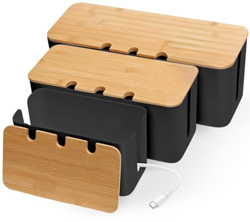 3 Piezas Caja Organizadora Cables, Caja Organizadora de Cables con Tapa de Madera Perforada, para Ocultar Enchufes, Tres Tamaños, Grande, Mediano y Pequeño, Negro