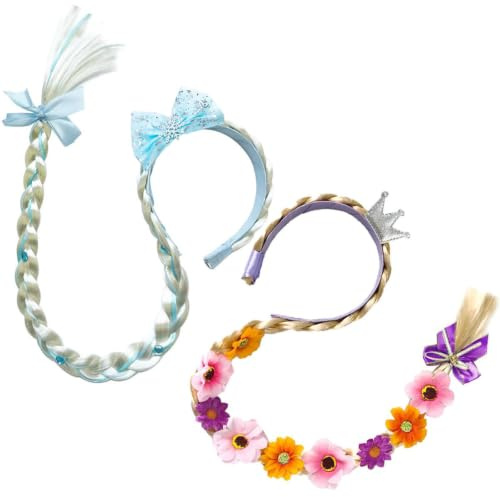 ZHMKYD13 Set med 2 pannband för prinsessa, flätor, långa flätade peruker för flickor, prinsessa, blomma, cosplay-peruk, barn, födelsedag, halloween