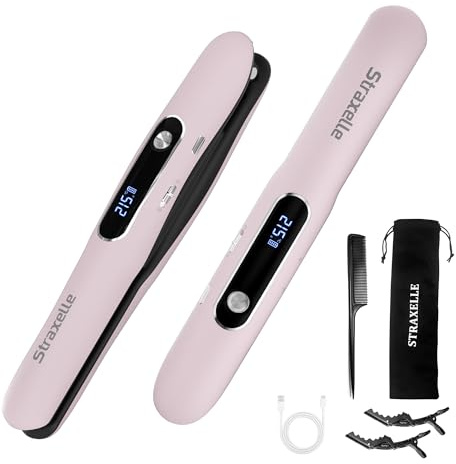 2 en 1 Mini Lisseur Sans Fil de Voyage, 175°C-215°C Fer à Lisser et Boucleur Sans Fil, 5000mAh Rechargeable Lisseur Cheveux avec écran LED, Chauffe Rapide pour Femmes et Hommes(Rose)
