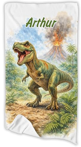 Unikatolo Kinderhandtuch mit Name personalisiert, Strandtuch, Badetuch Duschtuch als Geschenkidee für Jungen und Mädchen zum Geburtstag, Einschulung, Ostern, Weihnachten (T-Rex, 70 x 140 cm)