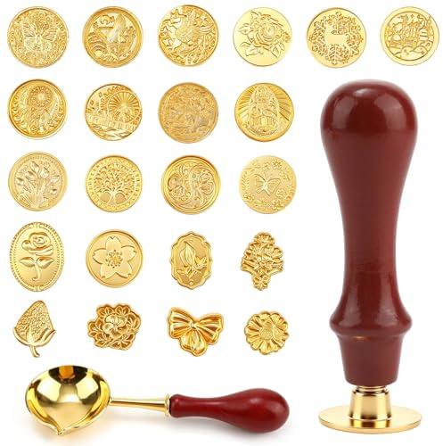22 Pieces Wax Seal Stamp, Sealing Wax Stamp with Removable Wooden Handle for Cards, 22 Different Wax Seals for Envelopes, Invitations, Cards and Crafts