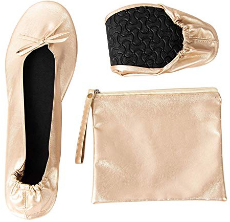 Glamlily Gold Foldable Ballet Flats for Women - Roll Up Flats with Zipper Pouch, US Size 7-8 - Ballet Slippers Women - Ballerina Shoes - Foldable Shoes