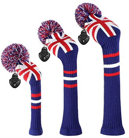 Scott Edward Knitted Golf Club Head Covers for Woods 3Pcs Set Golf Driver (460CC) Fairways and Hybrid/UT with Rotating Number Tags(UK Flag)
