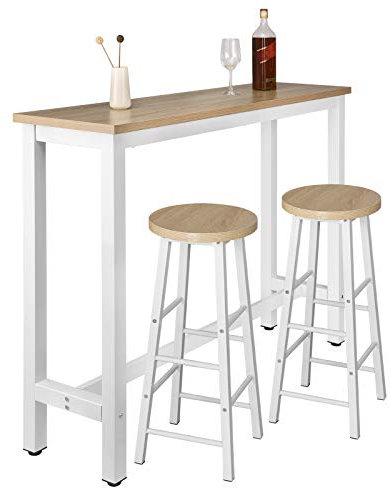 WOLTU Bartisch Set mit 2 Barhockern, 3-teilige Essgruppe mit Küchenstühlen, Esstisch & 2 Hockern aus Metall & Holz für Küchen Wohnzimmer, Hell Eiche