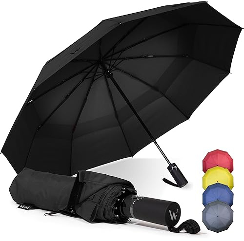WLine Wind Ombrello Pieghevole Antivento da Pioggia con 10 Aste Rinforzate e Tela Idrorepellente 210T - Ombrello Portatile Resistente Apri e Chiudi Automatico, Diametro 104cm (Nero senza Custodia)