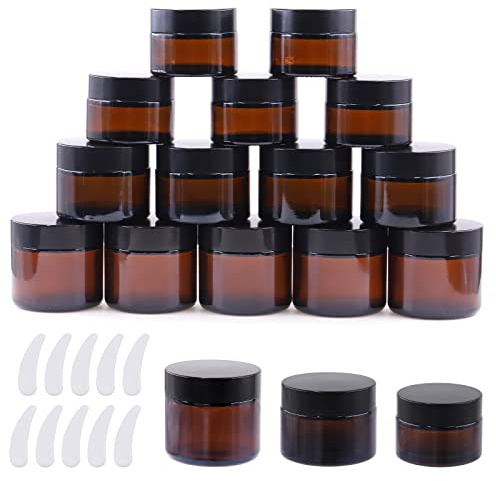 Cimeton 15-pack 1 oz 19 oz 57,7 ml bärnstensglasburkar med innerfoder, svarta lock och 10 st plastskrapset, bärnstensfärgade runda behållare kosmetiska glasburkar för förvaring av läpp- och