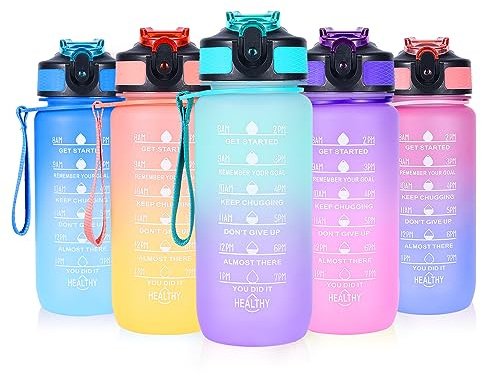 SUPPRUI Water Bottles with Straw,600ml Kids Water Bottle with time markings,Motivational Drink Bottles Leakproof and BPA-free (Green)