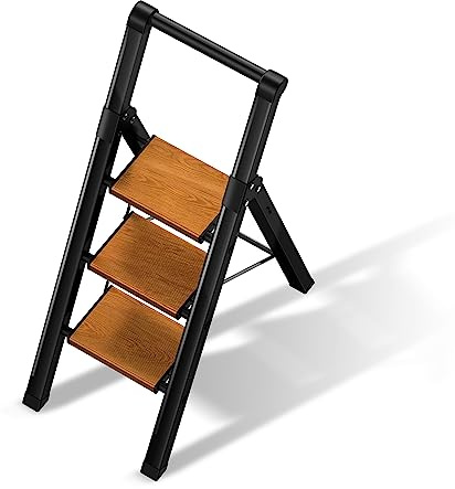 BEFITMACE 3 Step Ladder,Folding Step Stool with Aluminum Wide Pedal& Convenient Handgrip,330lbs Capacity Steel Ladder for Household and Office(Black &Woodgrain)