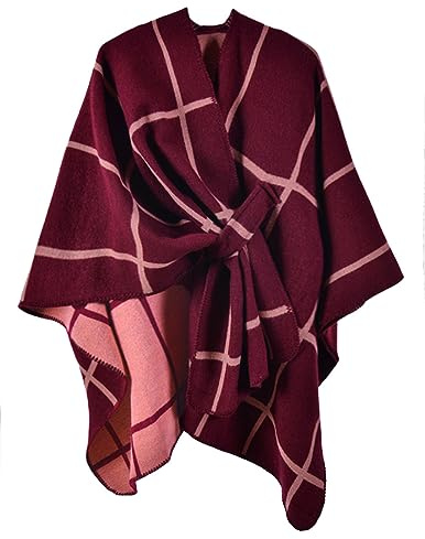 NLAND Elegant poncho och kappa dam vinter sjal virkad stickad, Vinröd, one size
