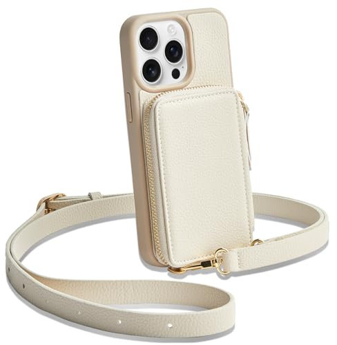 CUSTYPE Für iPhone 15 Pro Max Hülle, mit Band Hülle aus Mikrofaserleder mit Geldbörse und Kartenfach, Handykette Hülle Für iPhone 15 Pro Max Beige 6,7”