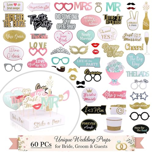 SOUL SHIFT - 60PCs Pastel Themed Wedding Photo Booth Props - Pre-Assembled - Elegant Wedding & Reception Party Props - Funny Props - Real Glitter - Bridal PhotoBooth