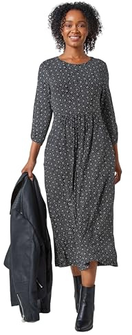 Roman Originals Midi Dress with Pockets for Women UK Ladies Stretchy Jersey Maxi Long 3/4 Length Sleeve Gathered High Waist Boho Flattering Skater Swing Fit Flare - Black & White - Size 14