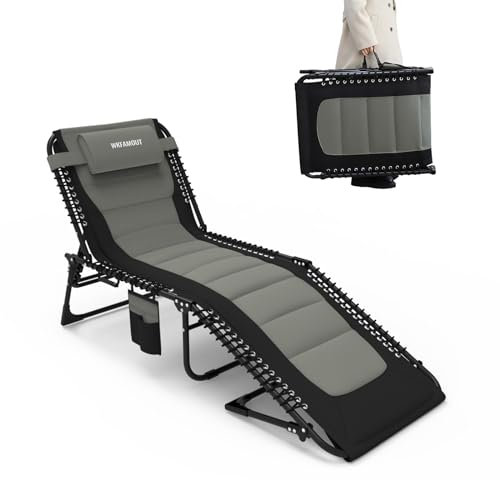 WKFAMOUT Sonnenliege Klappbar Gartenliege 5 Verstellbarer Rückenlehne Outdoor Faltbar Dreibeinliege Strandliege Campingbett bis 120KG mit Kissen Seitentasche 190x59CM Grau