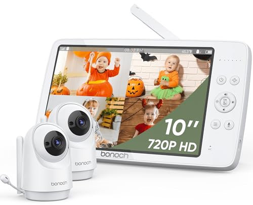bonoch 10 Zoll Babyphone mit 2 Kameras, 720P HD Quad-Split-Bildschirm 10000mAh Akku Video Babyphon, Quad-Split-Bildschirm, Nachtsicht, beidseitige Audiofunktion, Remote-PTZ, VOX-Modus, 8 Schlaflieder