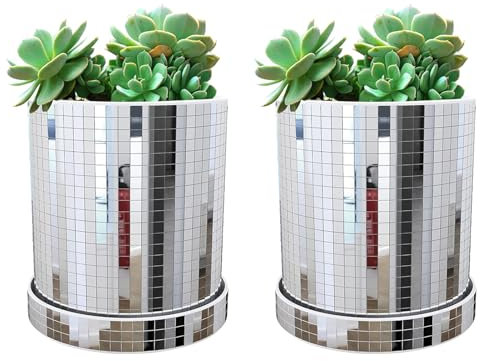 Xafrstyu 2 Stück Discokugel-Pflanztopf, Spiegel-Disco-Vase, Zylindrischer Disco-Übertopf, moderner Disco-Kunststoff-Übertopf, mit Ablaufloch und Untersetzern, für Innen- und Außenpflanzen