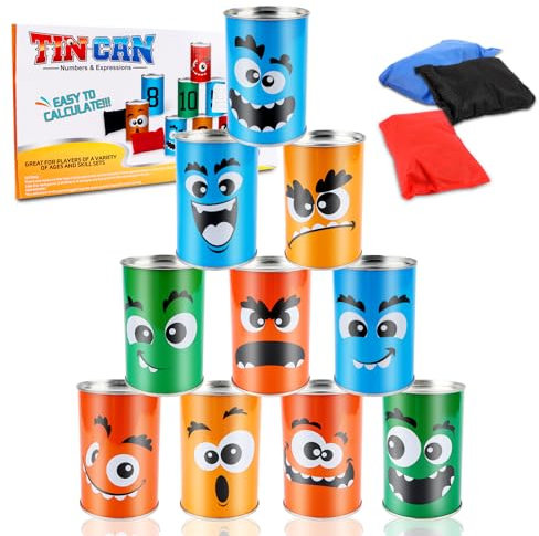 Dosenwerfen Kinder,Dosenwurfspiel für Kindergeburtstag Büchsenwerfen Garten,10 Dosen und 3 Bean Bags Wurfspiel Outdoorspiele Kinder, Kindergeburtstag Spiele